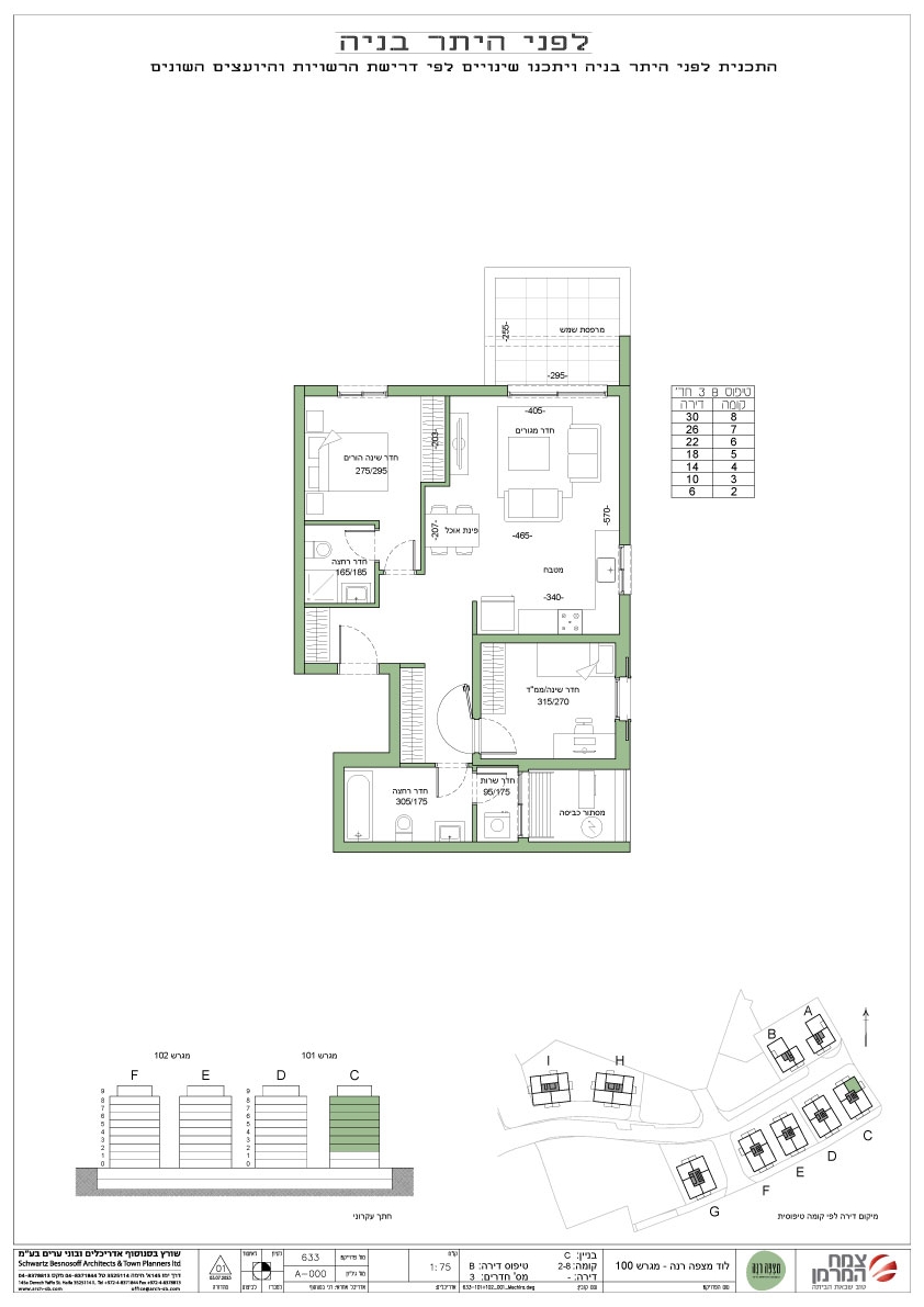 תכנית דירה הנמצאת בבניין C, קומה 2-8, טיפוס B, דירת 3 חדרים.